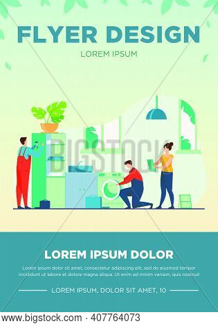 Handyman Working At Customer Home. Repair Man Fixing Washing Machine, Hammering Nails. Vector Illust
