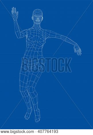 Wireframe Ballerina Or Dancer In Dance Pose. Female Dancing Salsa. Vector 3d Rendering