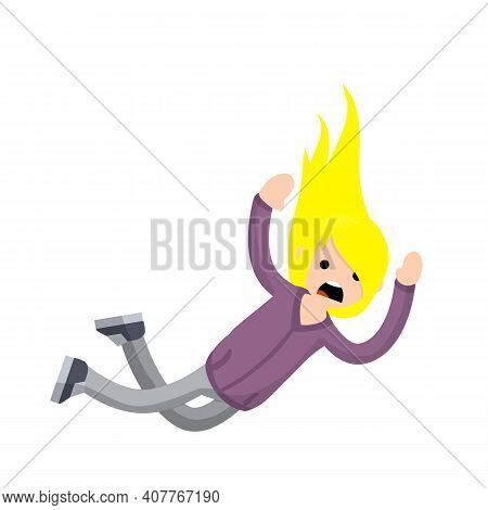 Horror And Fear Of Heights - Phobia Acrophobia. Cartoon Flat Illustration. Drop Young Girl