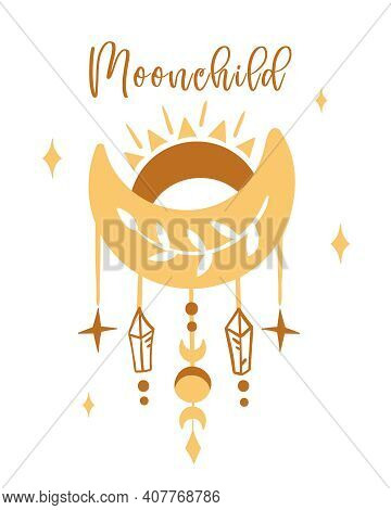 Celestial Nursery Poster With Terracotta Moon And Stars, Boho Hand Drawn Moon Art For Kids Room, Pre