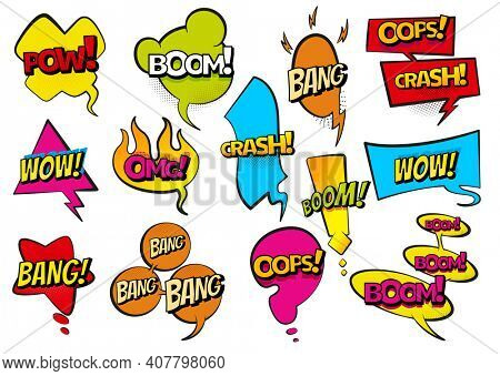 Comic colored hand drawn speech bubbles. Set retro cartoon stickers. Funny design  items illustration. Comic text WOW, boom, bang collection sound effects in pop art style
