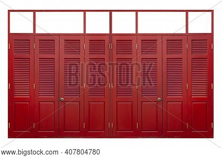 Vintage Red Hinged Wooden Door Isolated On A White Background