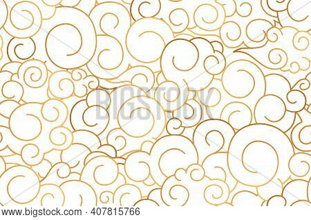 Seamless Pattern Of Chinese Curly Golden Clouds And Curves. Repeatable Japanese Texture For Printing