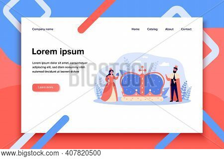 Tiny King And Queen Near Big Crown Isolated Flat Vector Illustration. Cartoon Royal Characters As A 