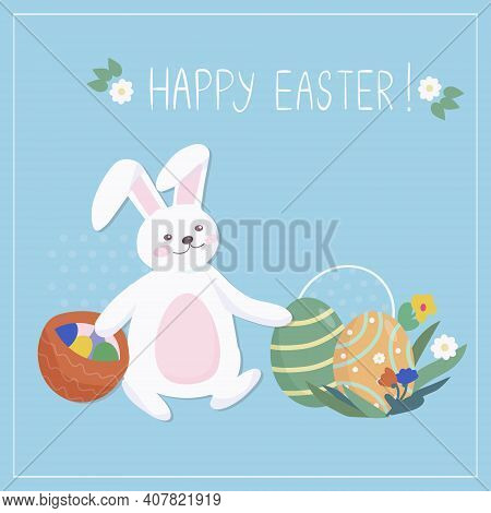 Easter Card With A Rabbit. Cute Bunny Carries Holiday Gifts In The Form Of Colored Eggs. Colorful Co
