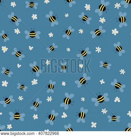 Seamless Pattern With Bees And Flowers On Beige Background. Adorable Cartoon Wasp Characters. Templa