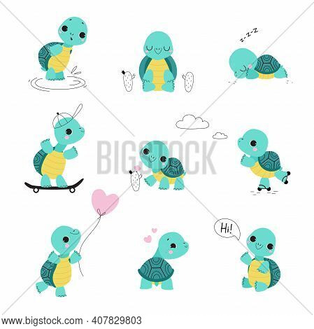 Cute Turtle With Shell And Short Feet Waving Paw, Sleeping And Skateboarding Vector Set
