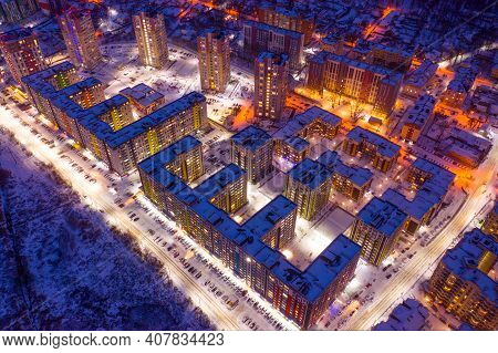 Evening Traffic Jams In The City. Aerial View.