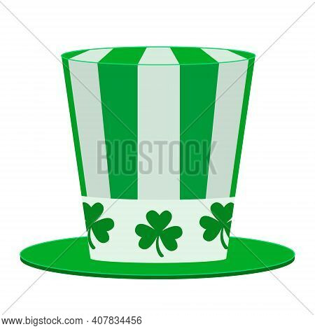 Vector Hat With White And Green Stripes And Shamrock. The Hat Can Be Used For Decoration On St. Patr