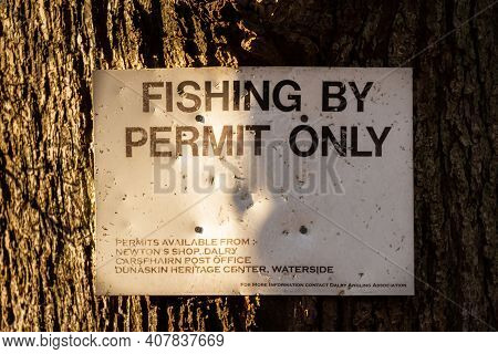 Dalry, Scotland - December 21st 2020: Close Up Of A White Dalry Angling Association Sign Warning Of 