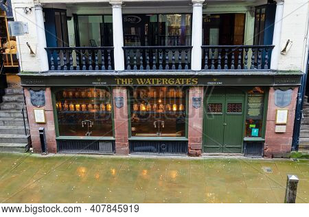 Chester; Uk: Jan 29, 2021: The Rows Are Historic And Unique Layout Of Shops On 2 Levels. The Waterga