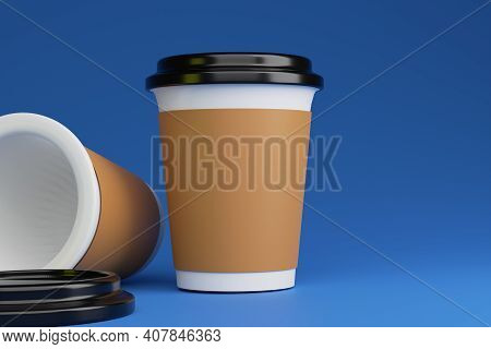 Coffee To Go Cup. Paper Cappuccino Cups Top And Side View. Hot Americano, Espresso And Latte In Card