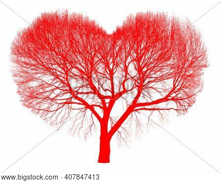Happy Valentines Heart Tree. Silhouette Of A Leafless Tree. White Background.
