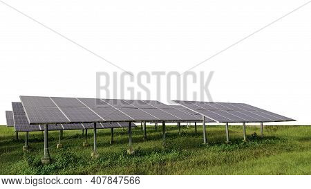 Shadow Of Industrail Factory Plant With Green Fields In The Morning, Panorama View Of Industrail Fac