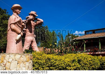 Raquira, Colombia - February 2021. Beautiful Clay Statues At Raquira City Main Square.the City Of Po