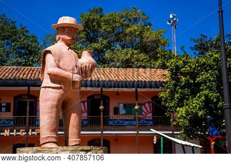 Raquira, Colombia - February 2021. Beautiful Clay Statues At Raquira City Main Square.the City Of Po