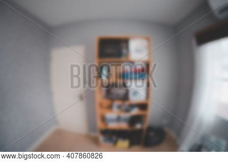 Blur Background Image Of Modern Room With Wooden Shelf  Interior Taken With A Fisheye Lens