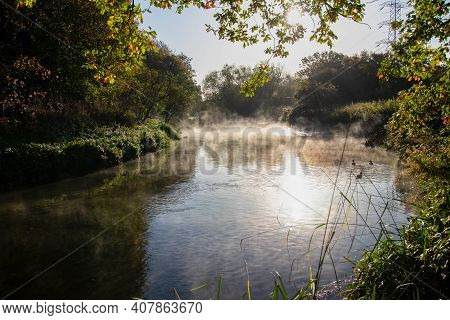 Early Morning Mist On The River Wandle, London In Autumn