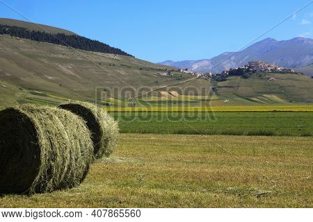 Norcia (pg), Italy - May 25, 2015: Bale Of Hay Near Castelluccio Di Norcia, Highland Of Castelluccio