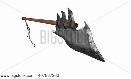 Bardiche Long Poleaxe Weapon Top View. On White. 3d Render