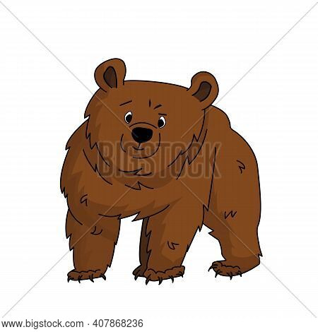 Vector Isolated Outline Cartoon Brown Bear Grizzly Stands And Learning Something Or Looks Uncertain 