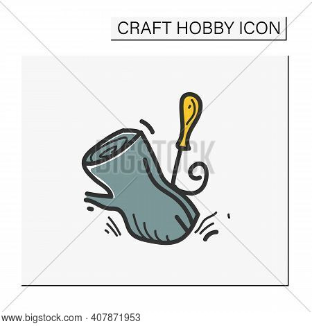 Wood Carving Color Handmade Draw Icon. Woodworking By Means Of Cutting Tool Creating Wooden Figure O