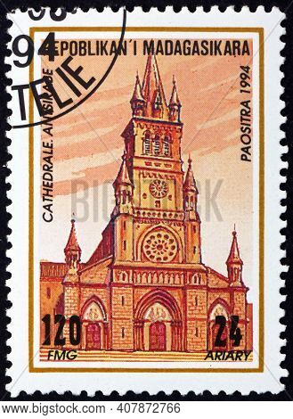 Malagasy - Circa 1994: A Stamp Printed In Malagasy, Madagascar Shows Antsirabe Cathedral, Our Lady O