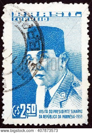 Brazil - Circa 1959: A Stamp Printed In Brazil Shows President Sukarno Of Indonesia, Visit Of Presid