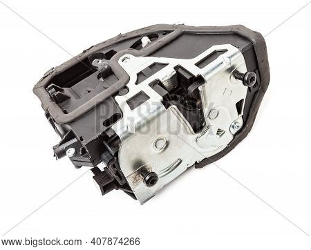 Detail Of A Car Spare Part Made Of Black Plastic And Metal - Door Lock Separately Isolated On A Whit
