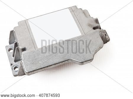 Plastic Car Engine Control Unit With Metal Elements On A White Isolated Background Is The Connecting