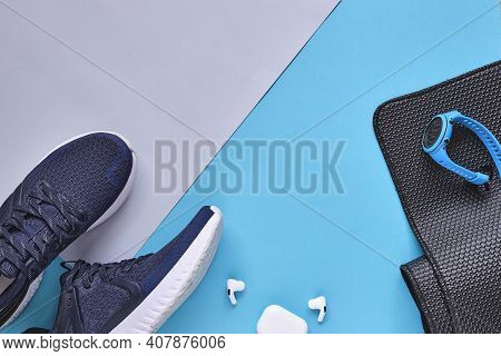 Concept Healthy Lifestyle Outfit, Sport And Diet. Top View, Text Space. Athlete\\\'s Set. Flat Lay C