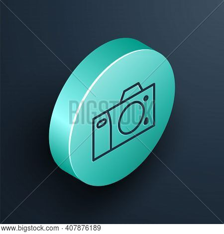 Isometric Line Photo Camera Icon Isolated On Black Background. Foto Camera Icon. Turquoise Circle Bu