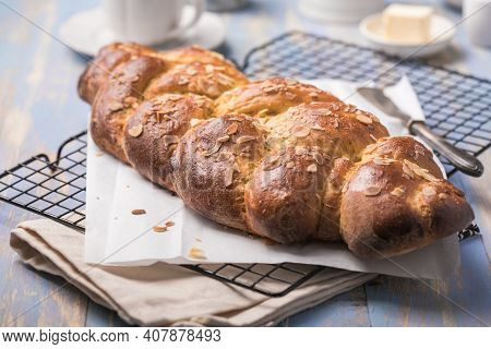 Tsoureki Braid, Greek Easter Sweet Bread, On Wood