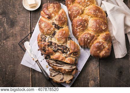 Tsoureki Braid, Greek Easter Sweet Bread, On Wood