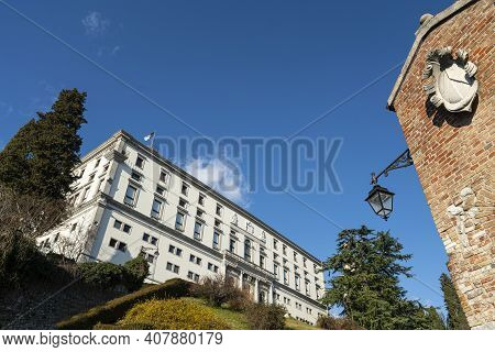 Udine, Italy. February 11, 2020. View Of The Castle Building On The Homonymous Hill In The City Cent