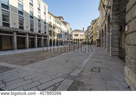 Udine, Italy. February 11, 2020.  Panoramic View Of Mercatovecchio Street In The City Center