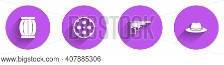 Set Gun Powder Barrel, Revolver Cylinder, Gun And Western Cowboy Hat Icon With Long Shadow. Vector
