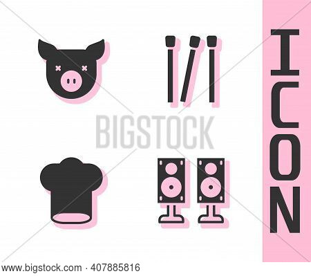 Set Stereo Speaker, Pig, Chef Hat And Matches Icon. Vector