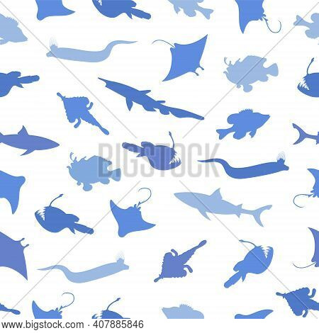 Fish Seamless Pattern. Vector Color Blue Image Background.