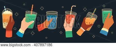 Bubble Tea Cups In Hands. Sweet Boba Tea, Hand Holding Bubble Tea Cup, Popular Taiwanese Drink. Hand