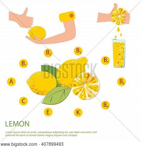 Set Of Lemons. Lemons Contain Vitamins. Lemon Juice. Juicy Vitamin Lemons