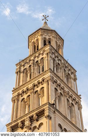 Bell Tower Of St. Domnius Church In Golden Sun Light In Early Morning In Diocletian Palace In Split 