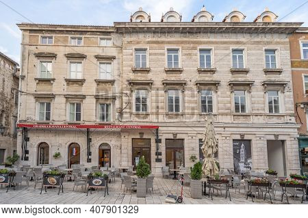 Split, Croatia - Aug 15 2020: Restaurant Building Facade At Peoples Square Pjaca At Old Town