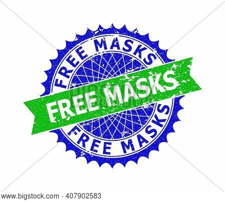 Vector Free Masks Bicolor Stamp Seal With Distress Texture. Blue And Green Colors. Flat Stamp With F