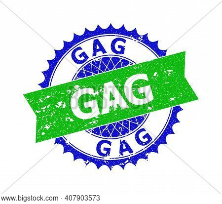 Vector Gag Bicolor Stamp With Rough Style. Blue And Green Colors. Flat Stamp With Gag Phrase Inside 