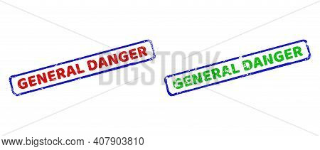 Vector General Danger Framed Watermarks With Grunge Style. Rough Bicolor Rectangle Seal Stamps. Red,