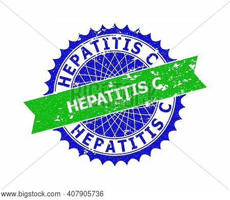 Vector Hepatitis C Bicolor Seal With Corroded Texture. Blue And Green Colors. Flat Seal Stamp With H