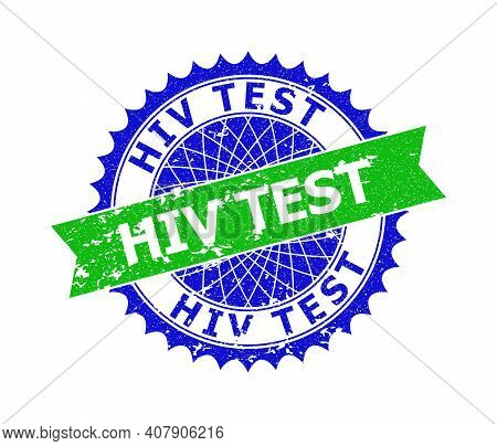 Vector Hiv Test Bicolor Seal With Corroded Texture. Blue And Green Colors. Flat Seal Imprint With Hi