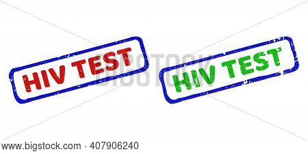 Vector Hiv Test Framed Rubber Imitations With Distress Texture. Rough Bicolor Rectangle Stamps. Red,
