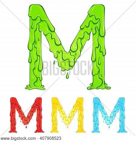 Letter M With Flow Drops And Goo Splash. Color Illustration Of The Symbol M In Four Colors Green, Re